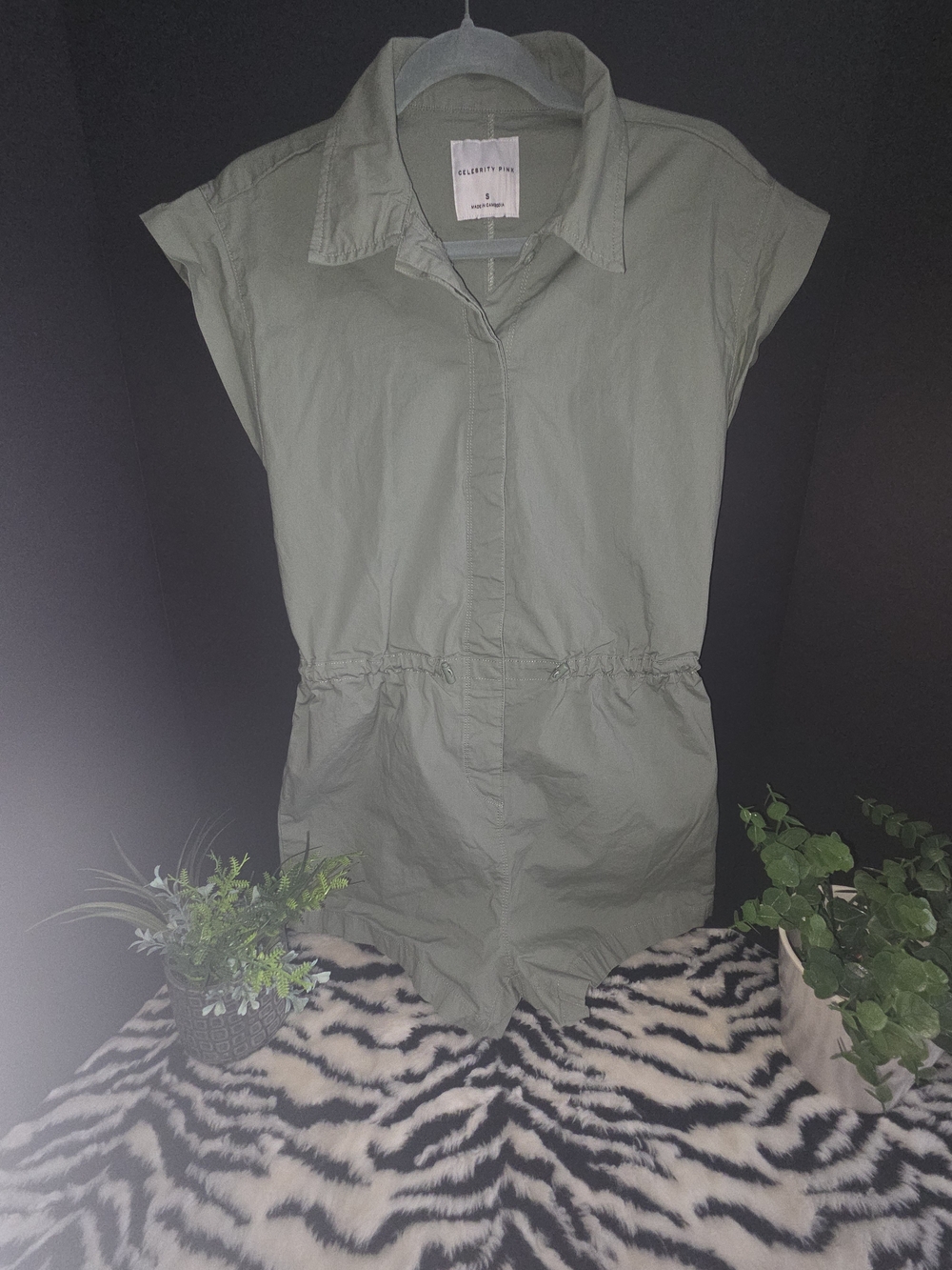 Celebrity Pink Sage Green Utility, Drawstring Romper. Size S